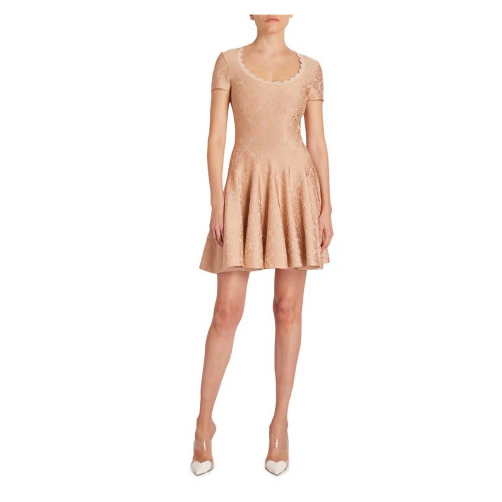 Alaïa Lingerir Jacquard Crochet Knit Skater Mini Dress Pink Nude Sz 12